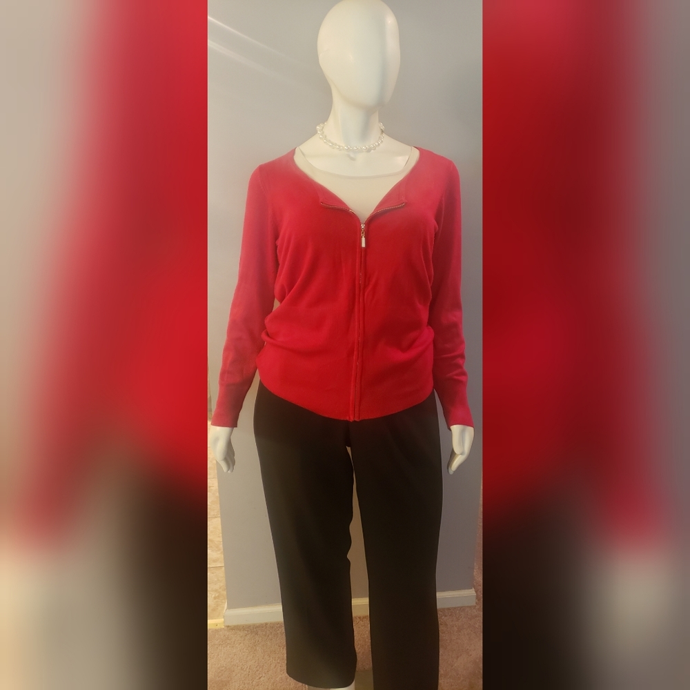 Red, front zip cardigan